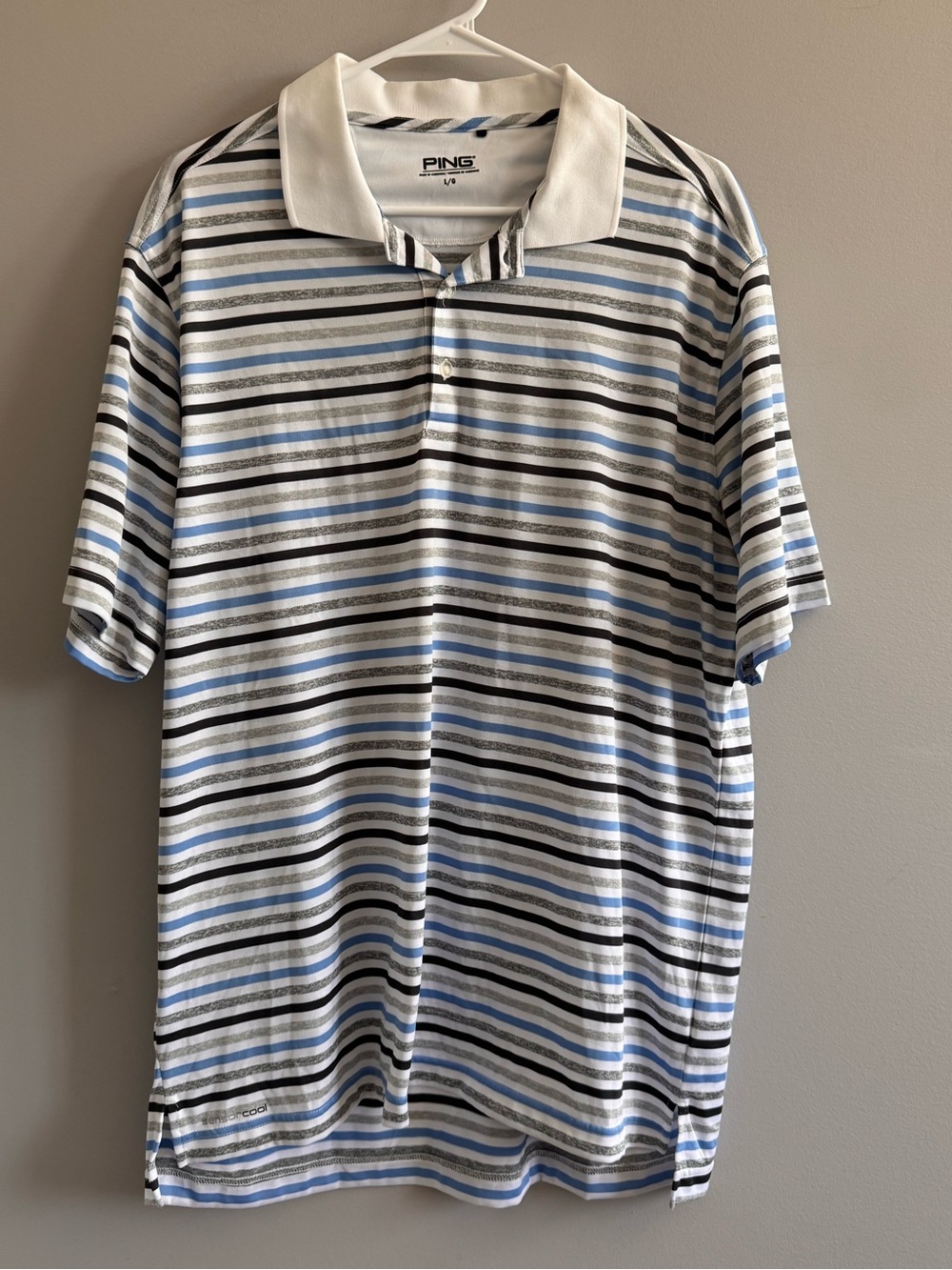 PING SensorCool Striped Golf Polo Shirt Men’s Large Blue White Performance